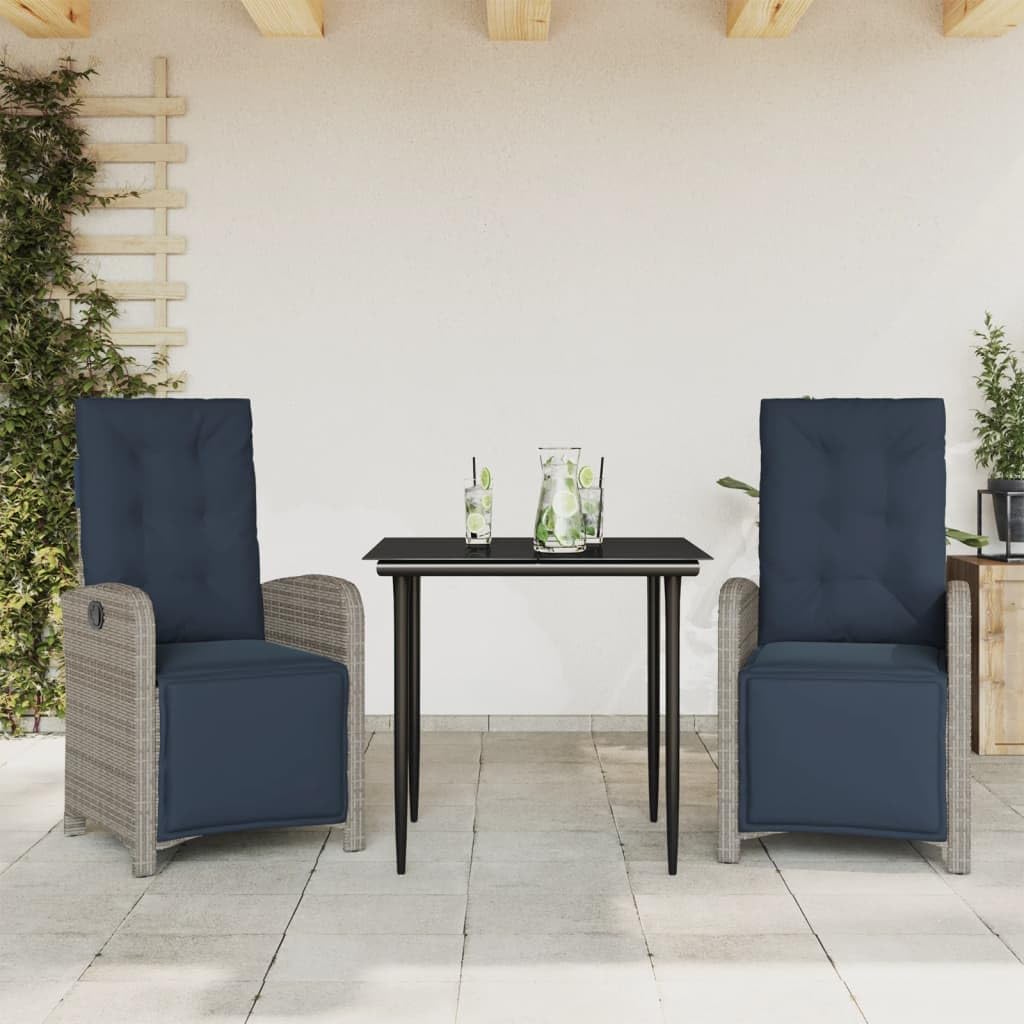 3 Piece Bistro Set with Cushions Gray Poly Rattan,Comfortable Patio Bistro Set: Reclining Chair with Washable Cushions and Tempered Glass Table Patio Furniture Sets, Outdoor Furniture Sets