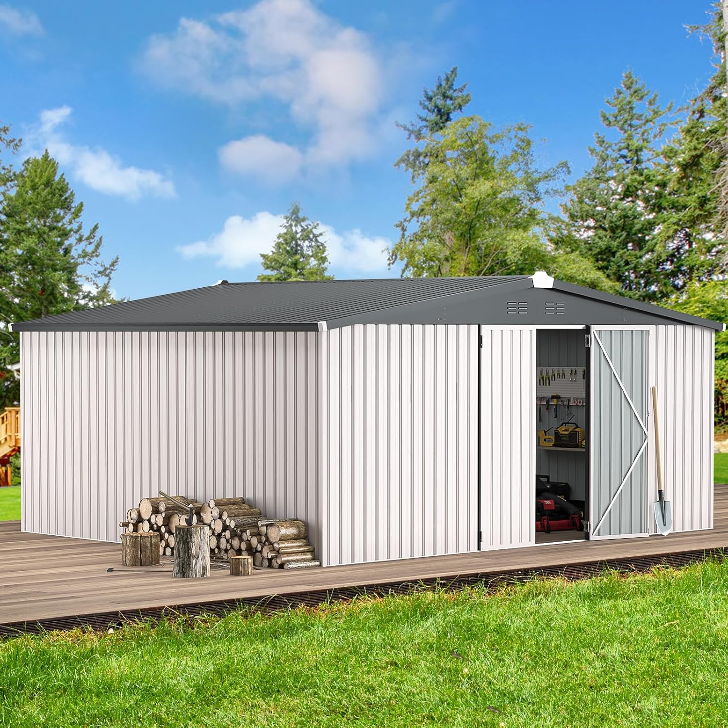 AECOJOY 12' x 14' Outdoor Storage Shed, Large 14x12 Metal Sheds & Outdoor Storage Clearance Steel Yard Shed with Lockable Doors, Utility Tool Storage Garden Shed for Backyard, Patio and Outside use