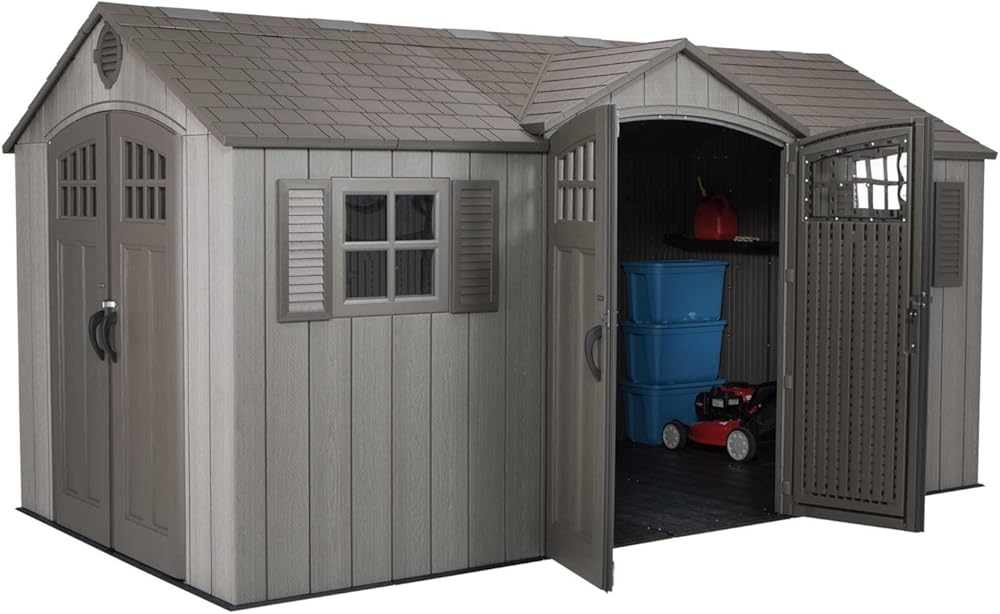 Lifetime 15 ft x 8 ft Outdoor Storage Shed, Dual Entry, Gray, Resin Backyard Tool Shed with Lockable Doors and Weather-Resistant Panels