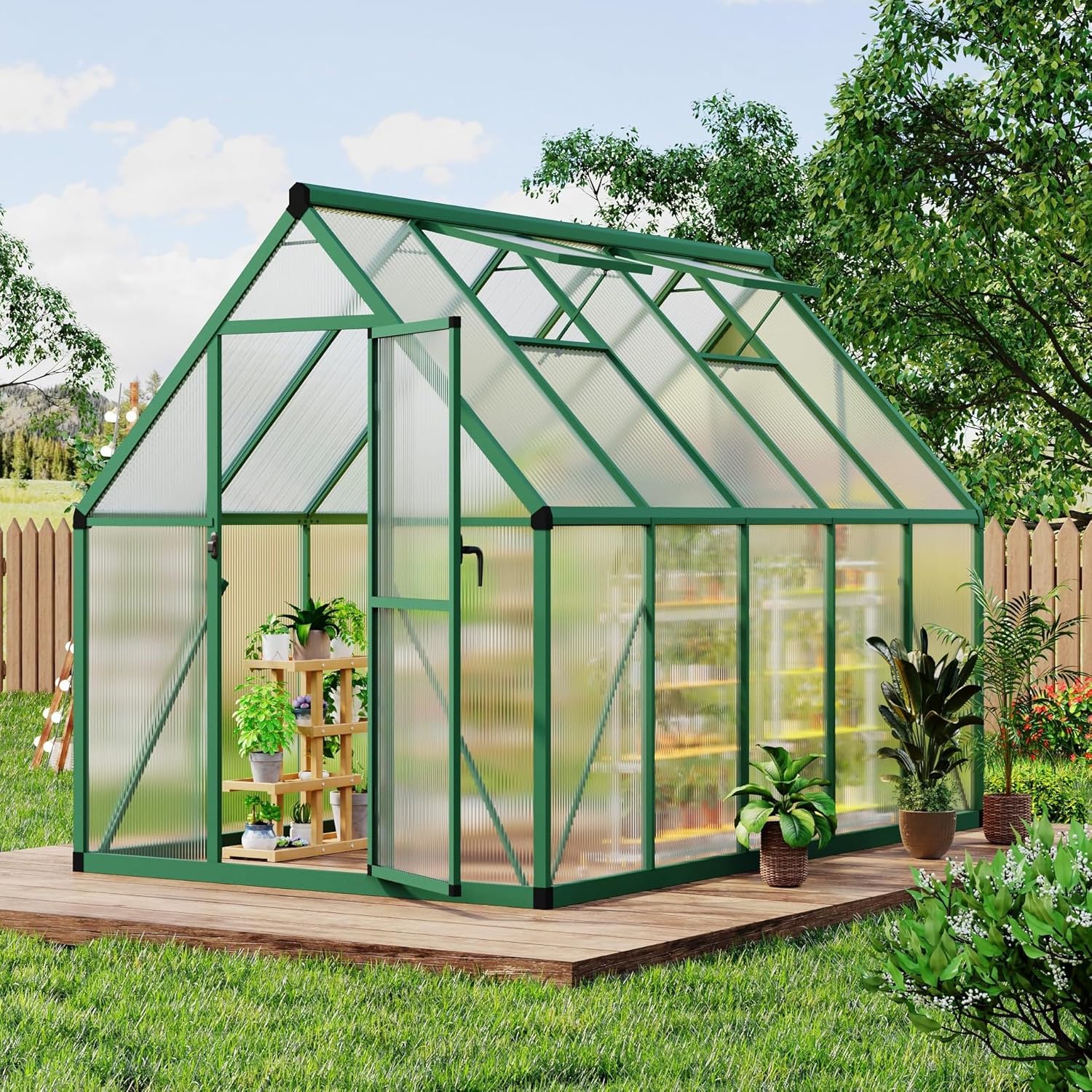 6 x 9 FT Walk-in Outdoor Greenhouse with Polycarbonate Panels, Heavy Duty Aluminum Frame Greenhouse Kit with Lockable Door, Adjustable Roof Vent & Large Interior for Garden Planting, Green