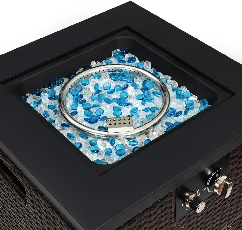 40,000 BTU Outdoor Propane Fire Pit Table, PE Wicker Patio Heater with Glass Wind Guard & Steel Tabletop Lid, Weatherproof Garden Fireplace Includes Rain Cover, for Backyard and Patio