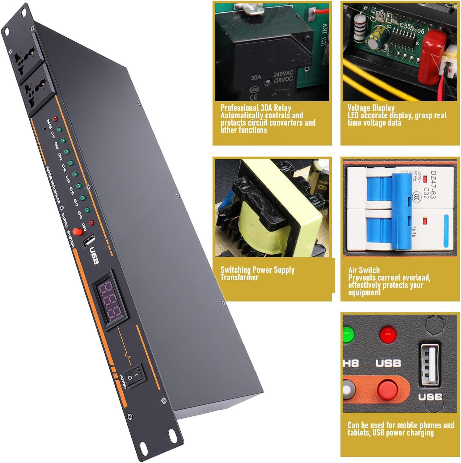 PUSOKEI 10 Outlet Power Sequencer Conditioner, Audio Equipment Power Sequencer Regulator with Digital Display, Rack Mount, for Home Theater, Stage, Studio (10 Outlet)