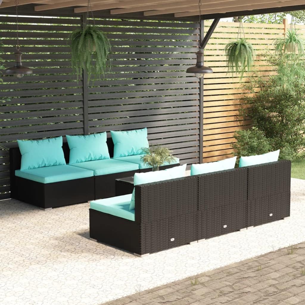 7 Piece Patio Lounge Set with Cushions Poly Rattan Black,Complete Outdoor Patio Lounge Set with Aqua Cushions and WaterResistant PE Rattan for Comfort and Durability Patio Furniture Sets, Outdoor Furn