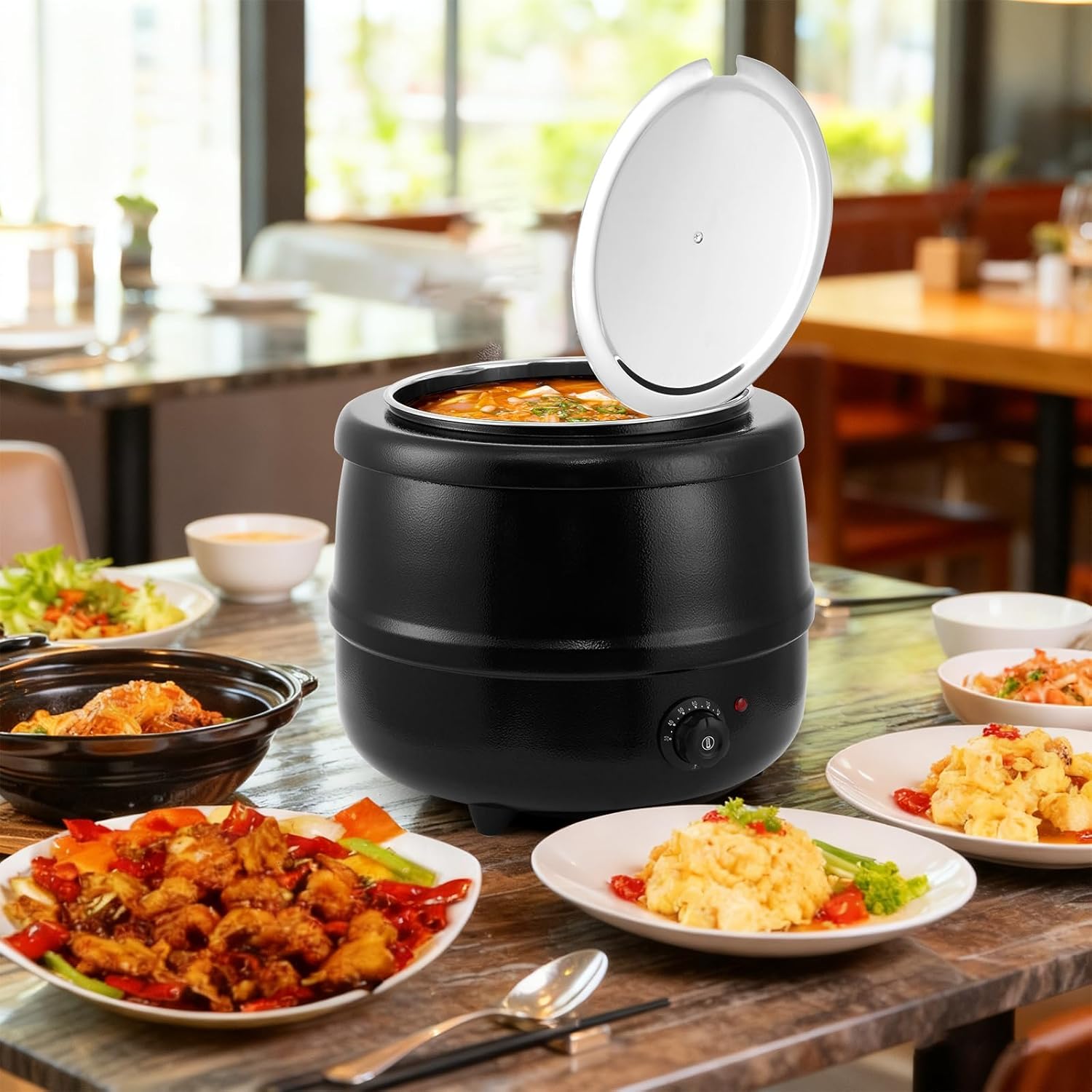 13.7QT Electric Round Drum Soup Warmer - Knob-Controlled Adjustable Temp, Hinged Lid & Detachable Insert, Commercial Black Soup Kettle for Restaurant Catering Home Buffet