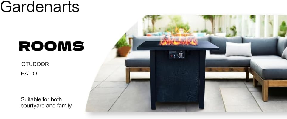 28 Inch Square Outdoor Propane Fire Pit Table with 50000 BTU Heat Output, Fiberglass and Iron Construction for Patio Garden Use