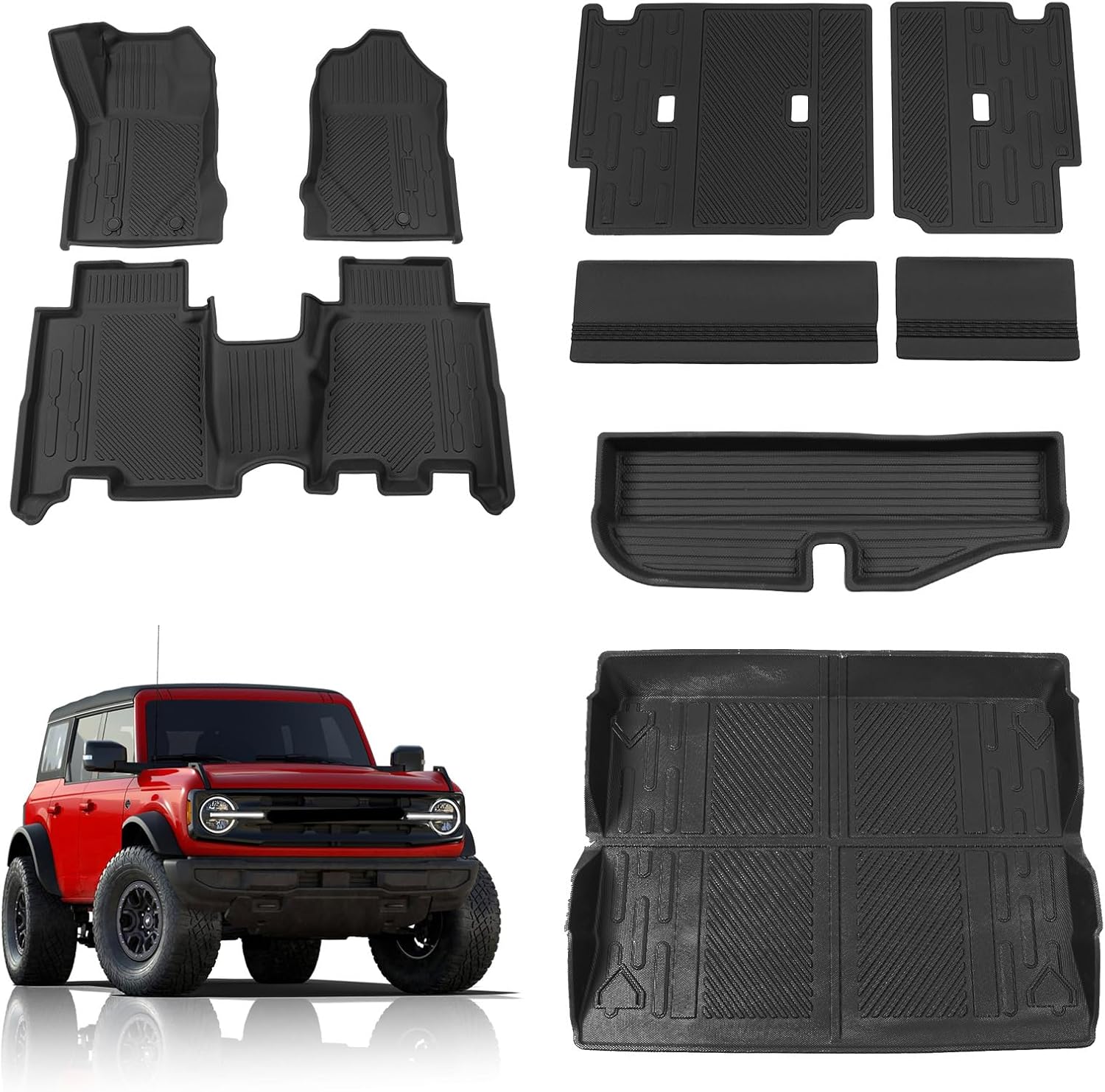 Rongtaod Floor Mats Compatible with 2021-2024 2025 Ford Bronco 4 Door Trunk Mat Cargo Mat Cargo Liner All Weather Back Seat Cover Protector 2023 Bronco Accessories (Set of 9 Mats)