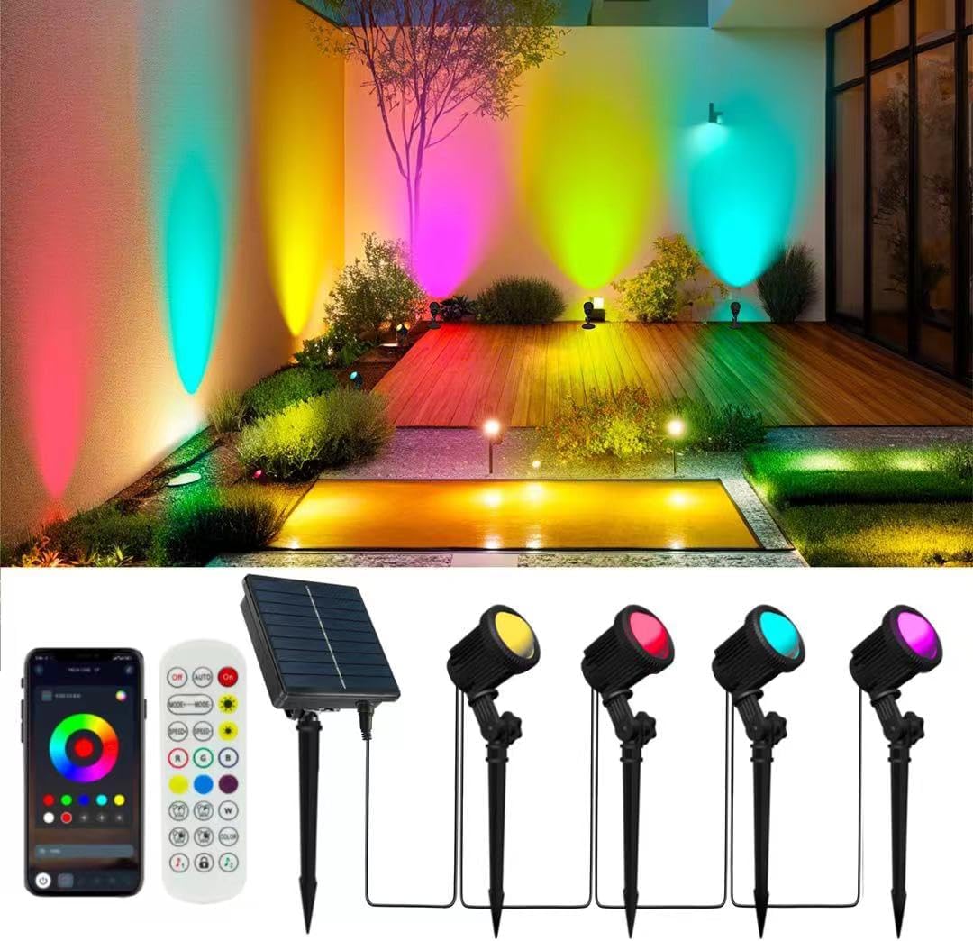 Solar Landscape Spotlights,IP65 Waterproof Low Voltage Landscape Lights Work with APP/Remote ,Outdoor Solar Spot Light 16 million color changing for Yard Garden Driveway Porch Walkway Patio(4 pack)