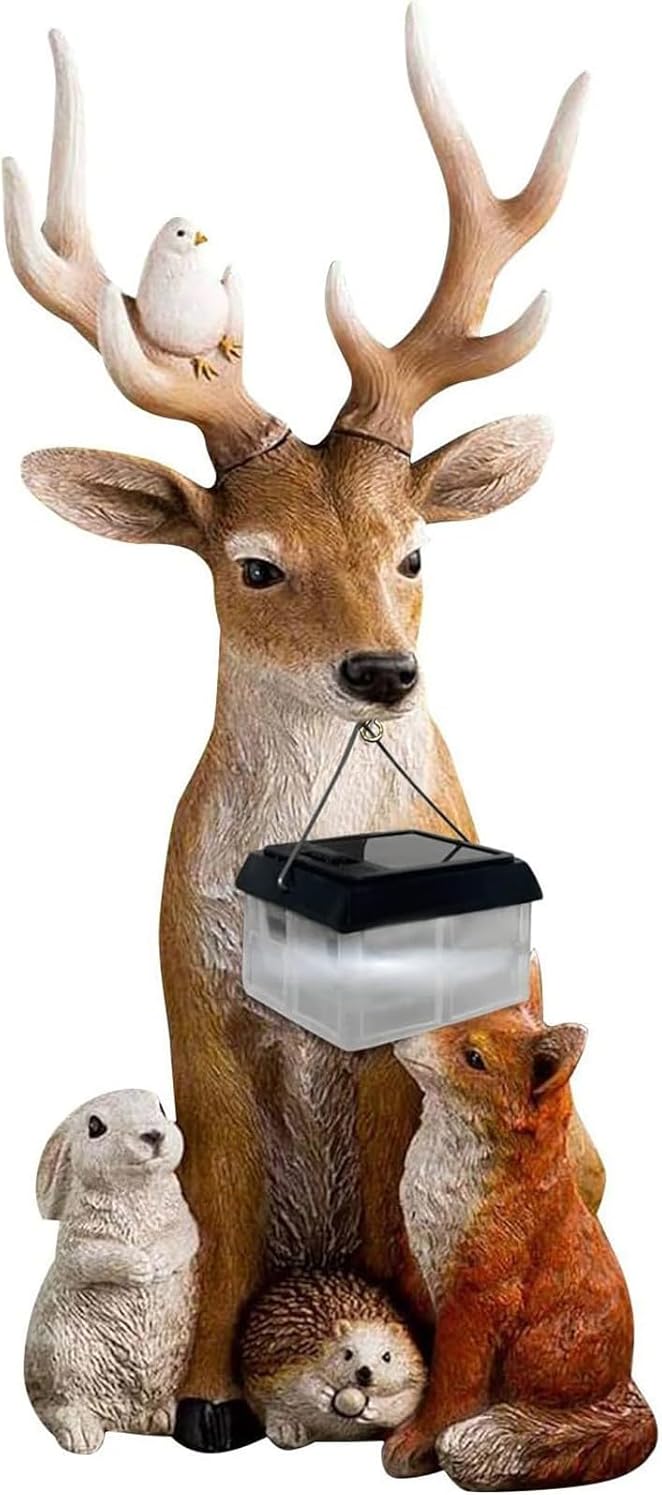 Solar Figurine Lights,Garden Deer Statue with Solar Light, Resin Deer Rabbit Hedgehog Wolf Figurines for Patio, Lawn, Yard, Office, Outdoor Decorations(Animals)