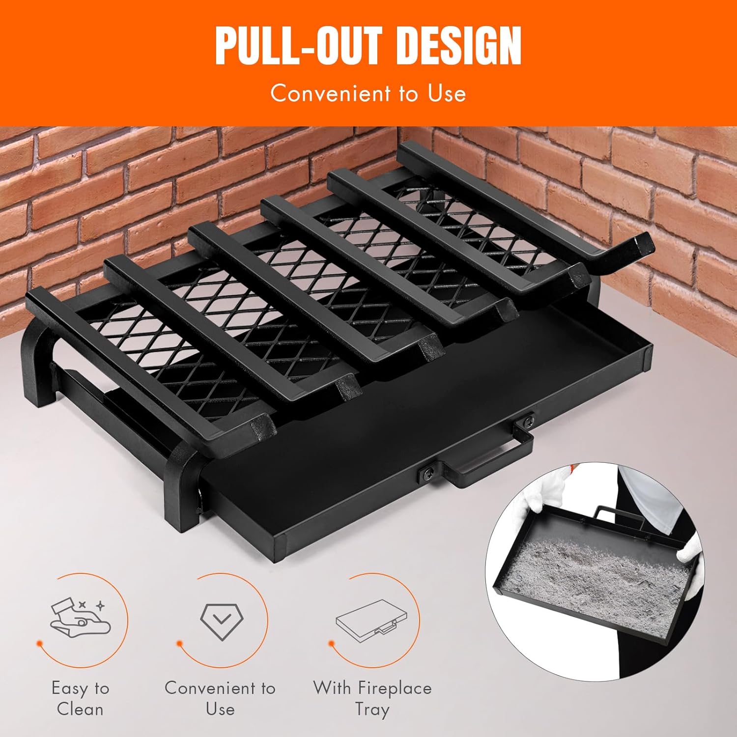 Fireplace Grate 20 Inch- Wood Stove Fireplace Log Grates with Ember & Ash Trays Pan, Heavy Duty Wrought Cast Iron Rack Holder Pit for Indoor Outdoor Chimney Hearth