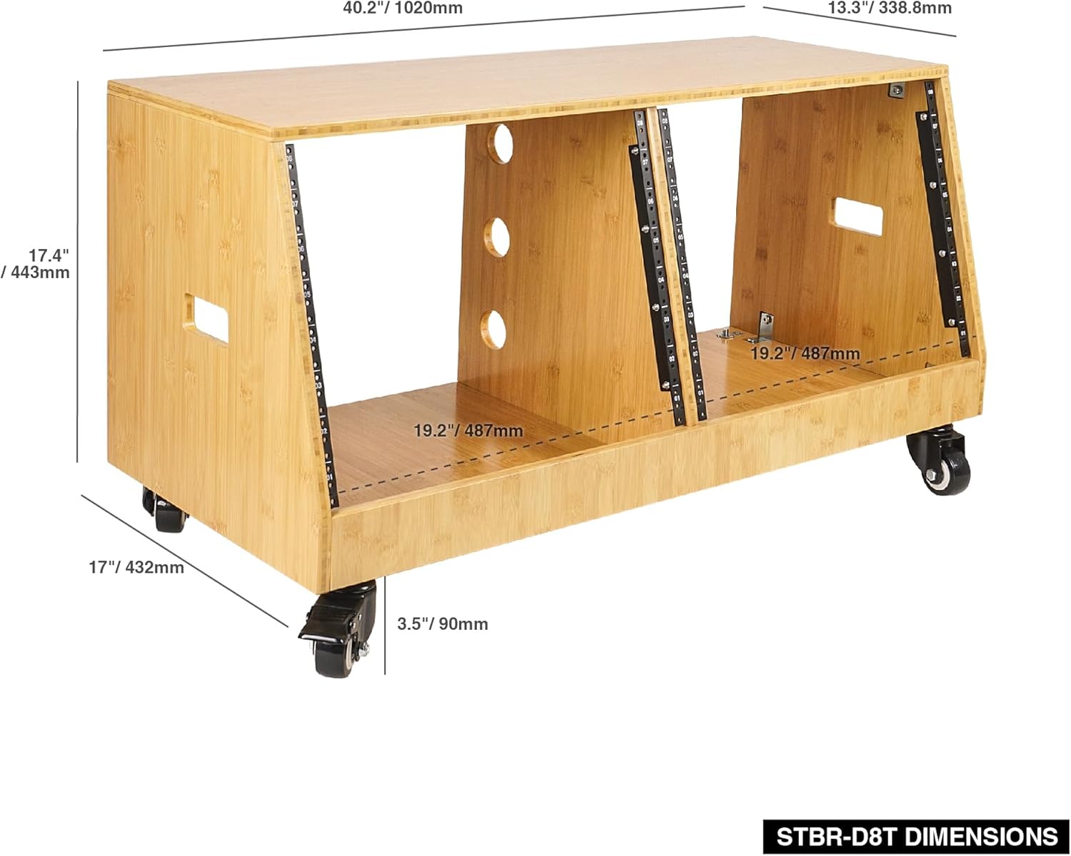 Sound Town DIY 2 x 8U Slanted Studio Rack with Solid Carbonized Bamboo, Casters, for Recording Room, Home Studio (STBR-D8T)