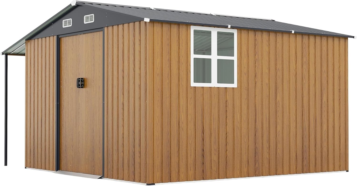 10x12 Ft Outdoor Storage Shed, Extra Large Metal Shed with Lockable Doors, Windows, Outside Steel Tiny House Ideal for Garden, Backyard, Patio Utility, Tool Storage, Chicken Coops(Yellow)