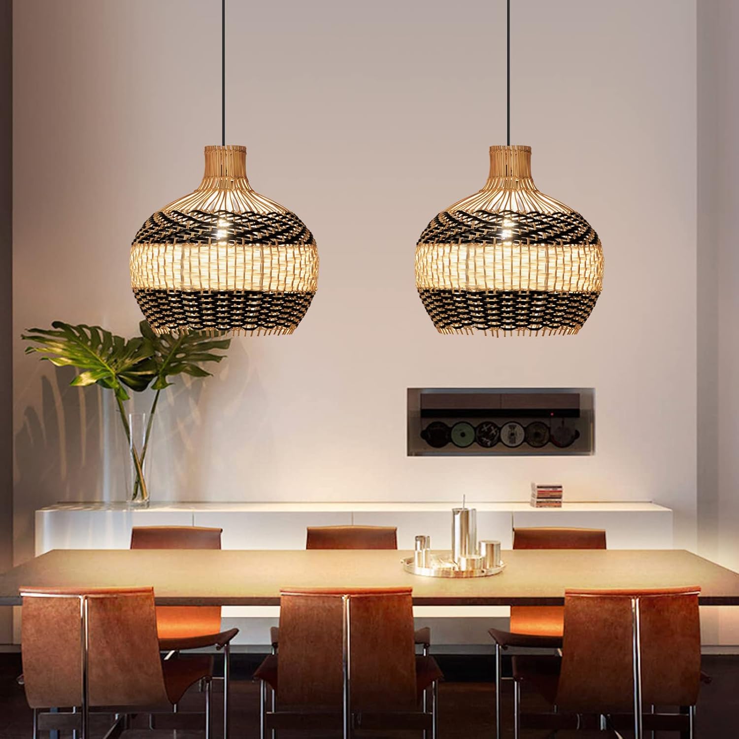 Arturesthome 1 Light Rattan Pendant Light for Kitchen Island Handmade Drop Lampshade Wicker Chandelier Hanging Light Fixture for Living Room Restaurant Bars, 15.74''W x 15.74''H