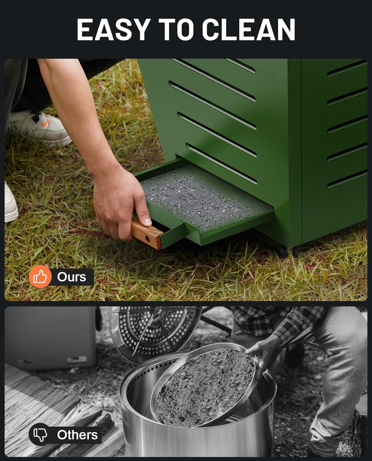 20 Inch Smokeless Fire Pit Stainless Steel Wood Burning Fireplace Portable Outdoor Fire Pit Patio Smokeless Firepit with Pull-Out Ash Tray and Handles, Green