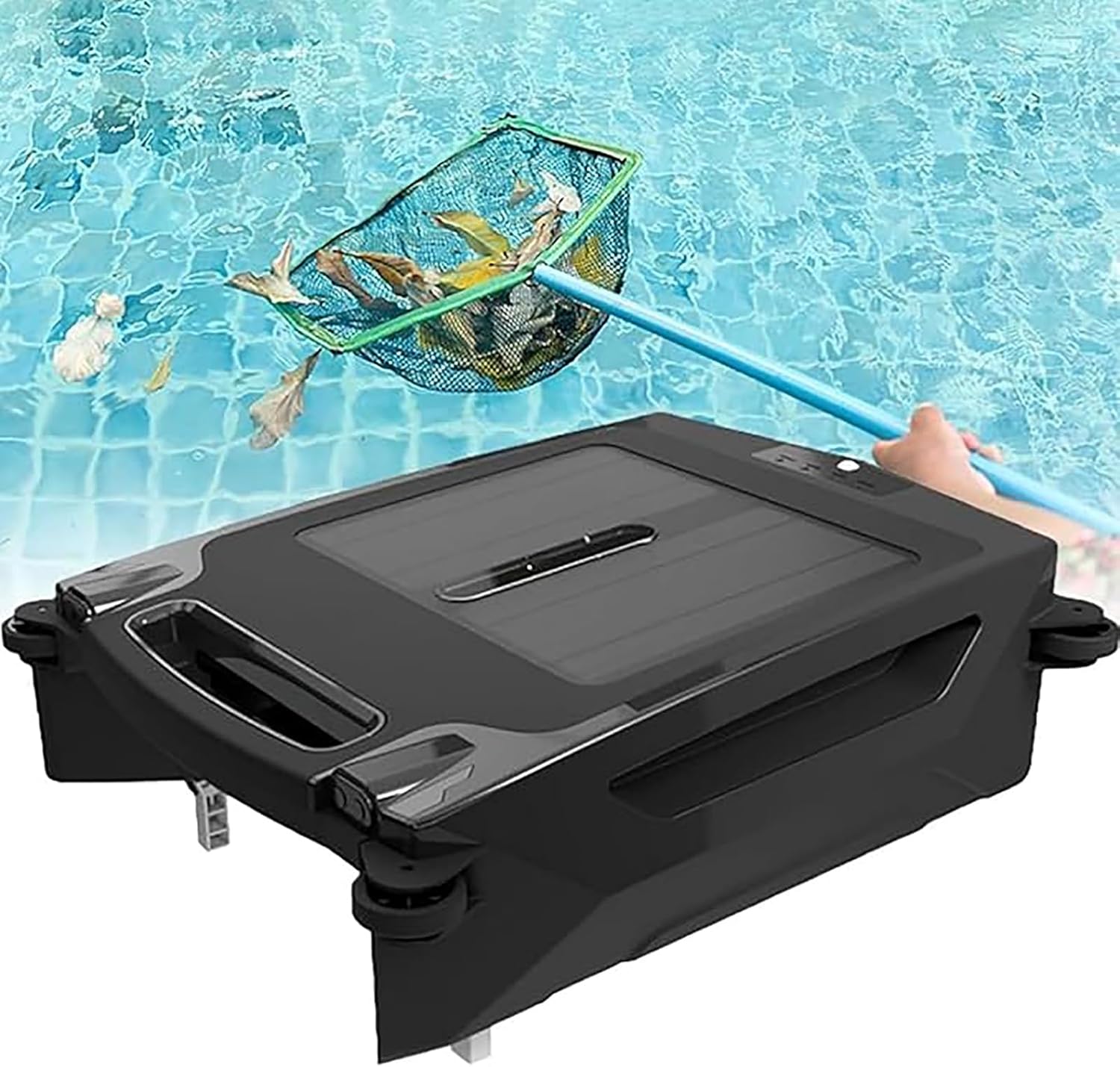 Automatic Cordless Robot Solar Powered Pool Skimmer Cleaner for All Swimming Pool, Dual Charging Options, 2 Speed Modes, Smart Obstacle Avoidance