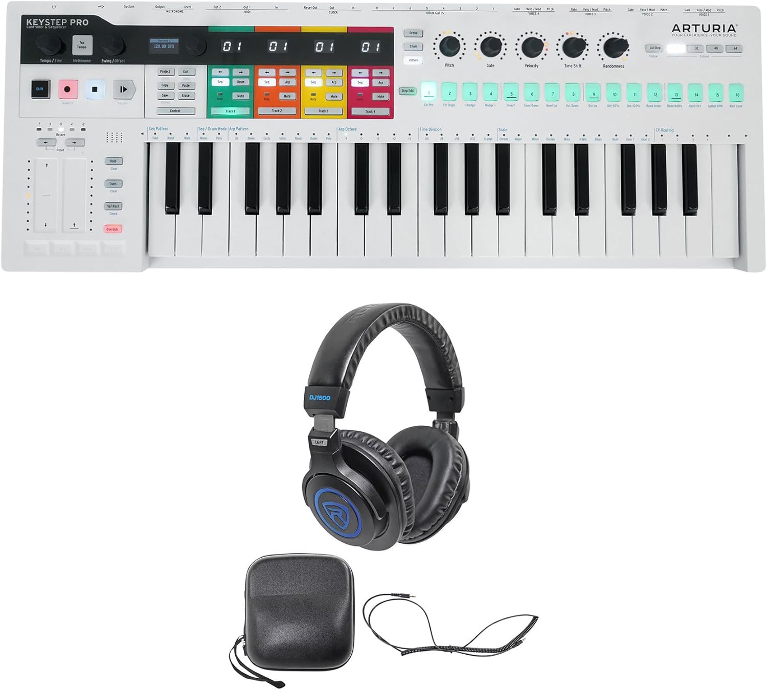 Audiosavings Bundle: Arturia Keystep Pro Sequencer 37-Key Midi USB DJ/Recording Keyboard Controller Bundle with Rockville DJ1500 DJ Headphones w/Detachable Coil Cable, Case+Extra Ear Pad (2 Items)