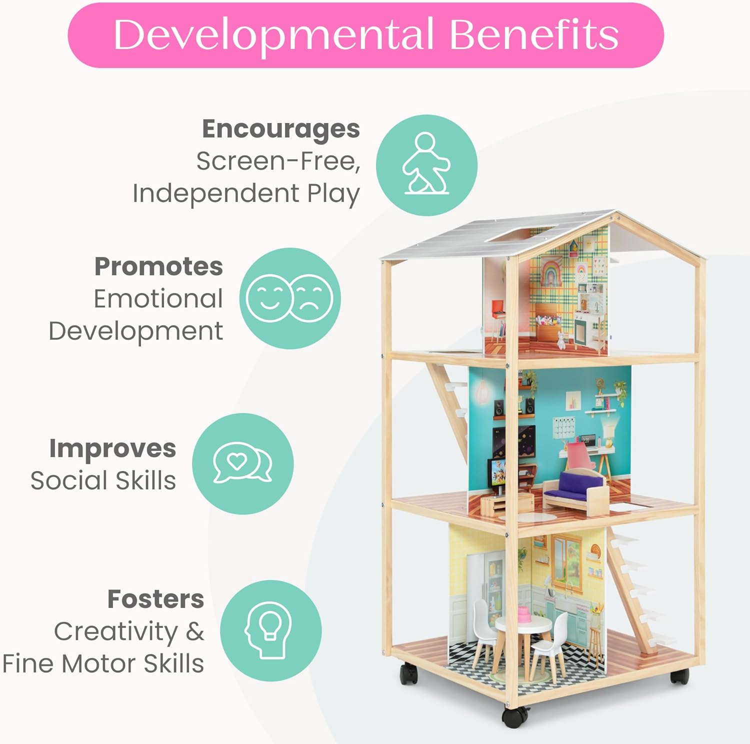 Delta Children Moveable Mansion Dollhouse - 360-Degree Play Dollhouse with Wheeled Base - Includes 16 Accessories - Fits 12-inch Dolls - Pretend Play Dream Gift for Ages 3+