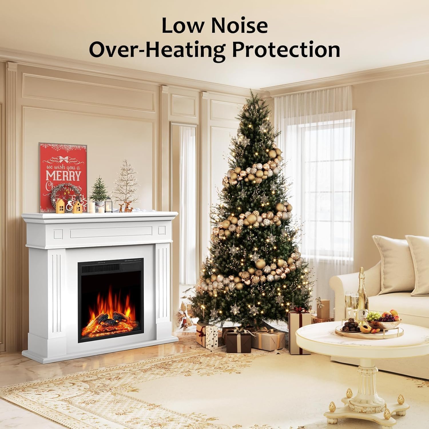 43 Inch Fireplace TV Stand with Mantel - Electric Fireplace Heater, Wooden Entertainment Center, Adjustable LED Flame, Freestanding (750W/1500W),Cream