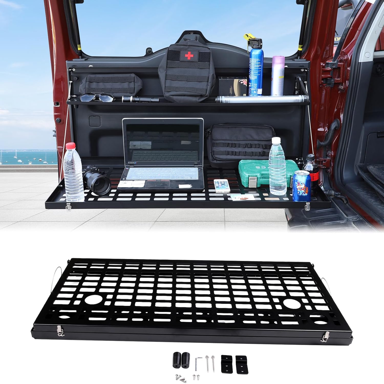 Car Tailgate Table Cargo Storage Rack Shelf Fit Toyot@a FJ Cruiser 2007-2024 Tailgate Foldable Double-Layer Storage Holder Rear Door Multifunctional Storage Organizer Tray Mount Bracket Accessories