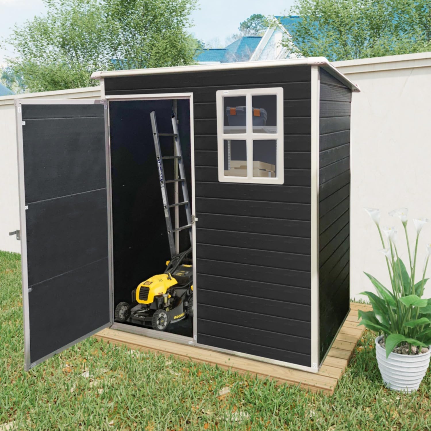 5x3 ft Outdoor Plastic Storage Shed with Reinforced Floor, Black - Heavy-Duty Resin Construction, Lockable Door, Water & UV Resistant for Garden Tools, Lawn Equipment (Black)