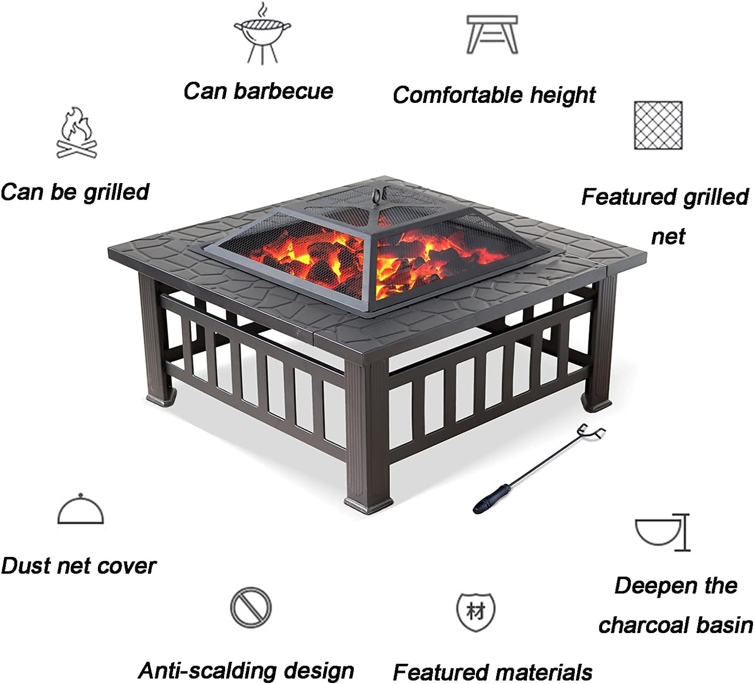 Fire Pit Outdoor Wood Burning fire Pit, fire Pit with Dome Screen and Poker, Terrace Barbecue Cooking fire Pit