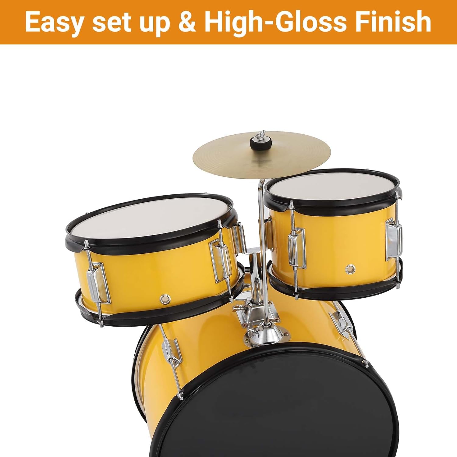 Senfot Drum Set for Musical Instruments, AD-300 Five Piece Drums with Bass Drum, Tom-Tom, Snare, Cymbals, Hi-Tone Drum, Sticks, Base Pedal and Stool, Beginner Set (Yellow, 5-Piece)