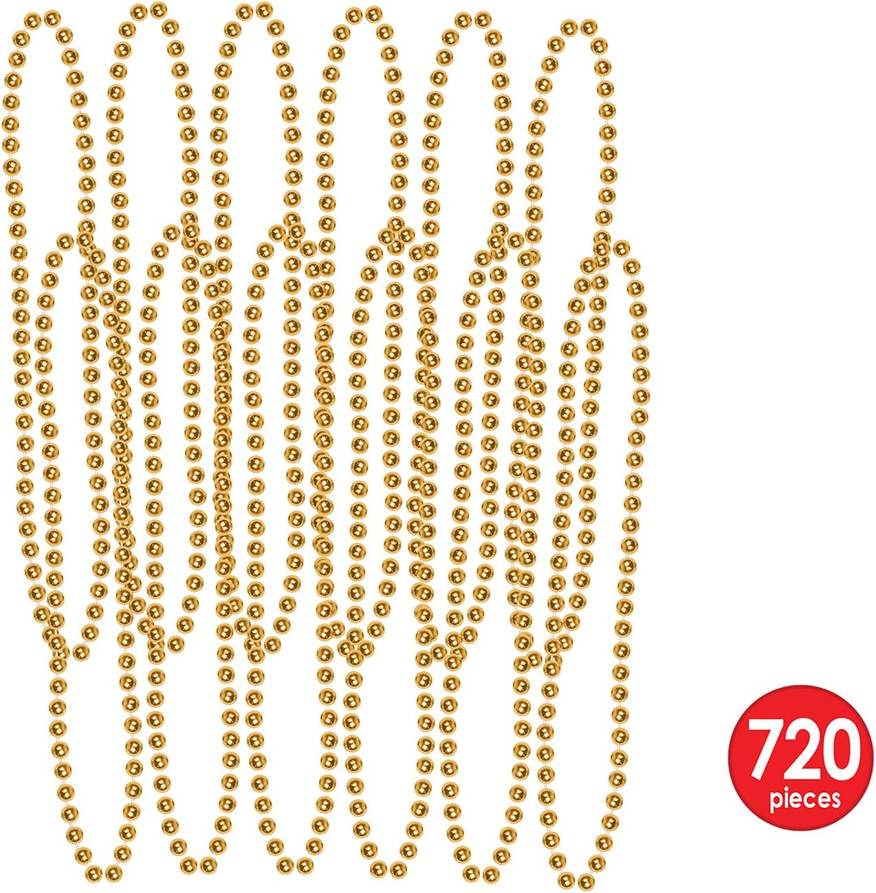 Beistle Gold Party Beads – 720 Pack, Small Round Plastic Bead Necklaces, Bulk Solid Color Celebration Wear & Event Accessories for Large New Year’s Eve Events, Parades, and Festive Décor, 33”
