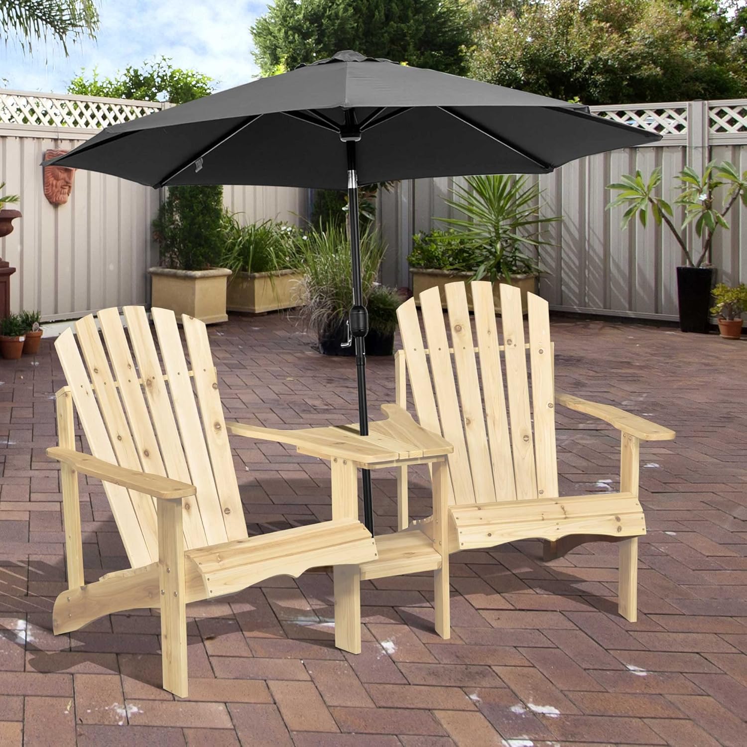 Wooden Chair for Two, Outdoor Fire Pit Chair Set with Table Umbrella Hole, Patio Chairs for Deck Lawn Pool Backyard, Natural