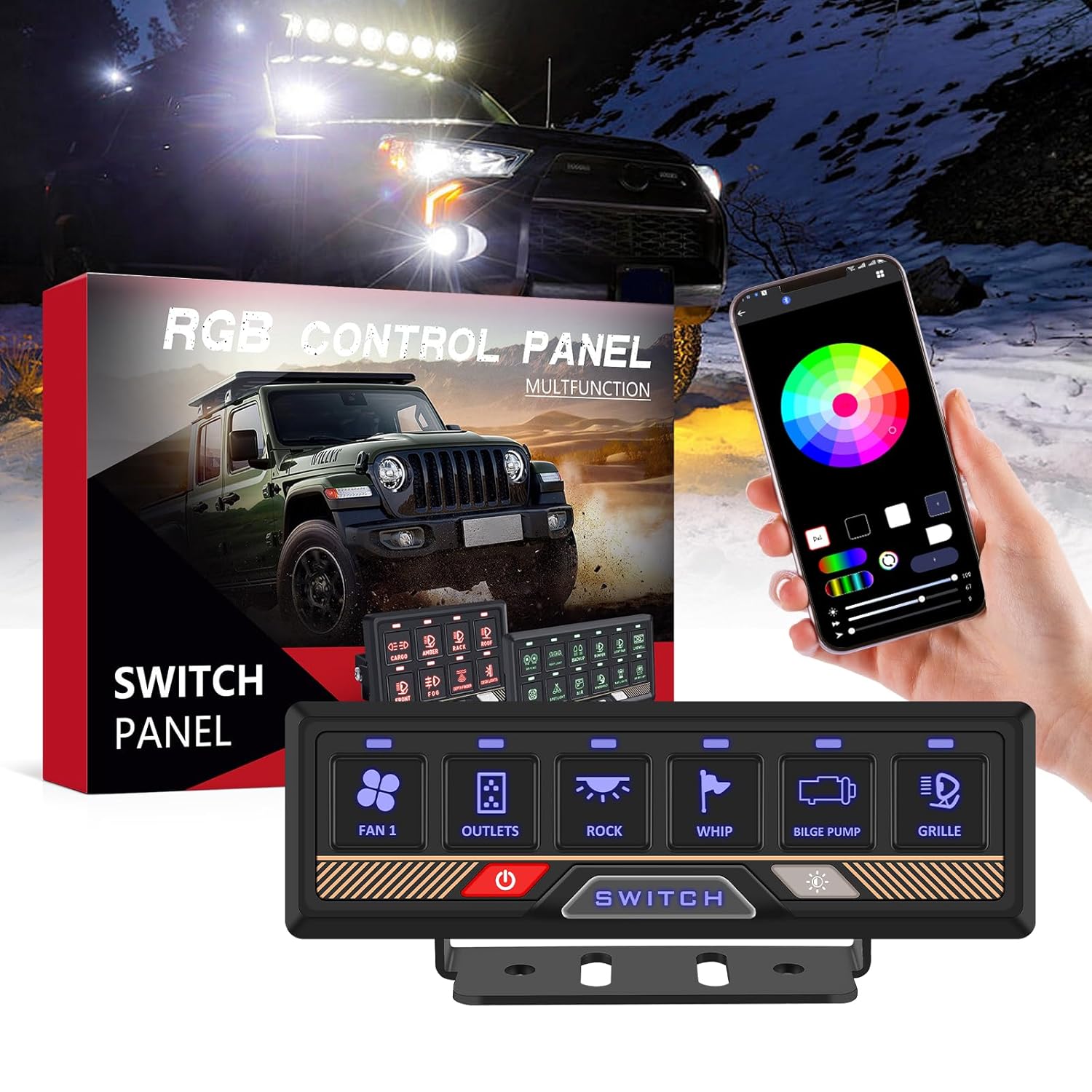 Chelhead Bluetooth Switch Panel 12V Universal 6 Gang Switch Box, Works with Android Auto & App, RGB Keypad, Programmable Modes for Led Pods Whip Lights Electronic Accessories for UTV Trucks