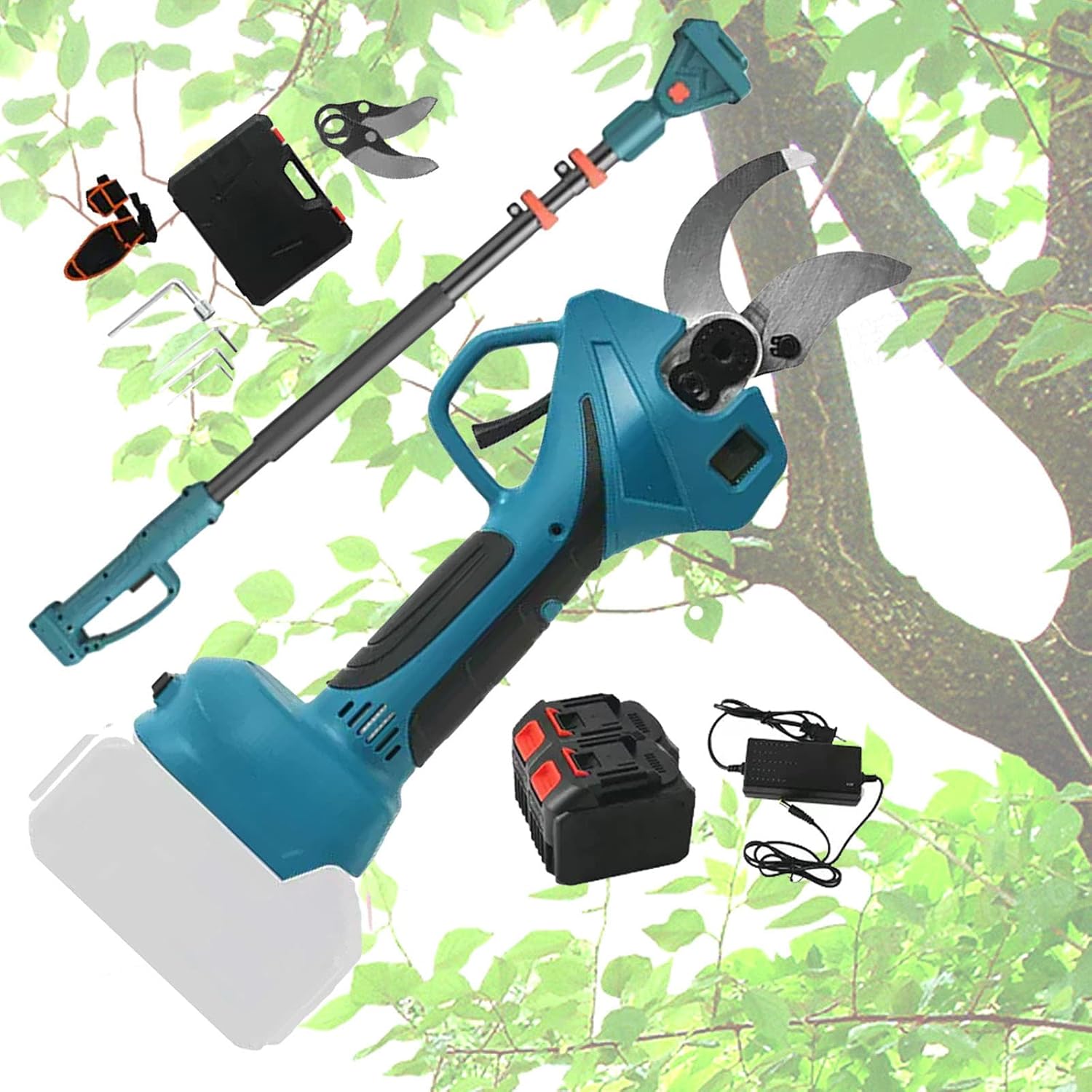 Electric Pruning Shears Cordless Gardening Secateurs 350mm Cutting Diameter Powerful Pruning Scissors with Toolbox with Reach Extension Pole, Secateurs 6-7 Working Hours, Display of Power