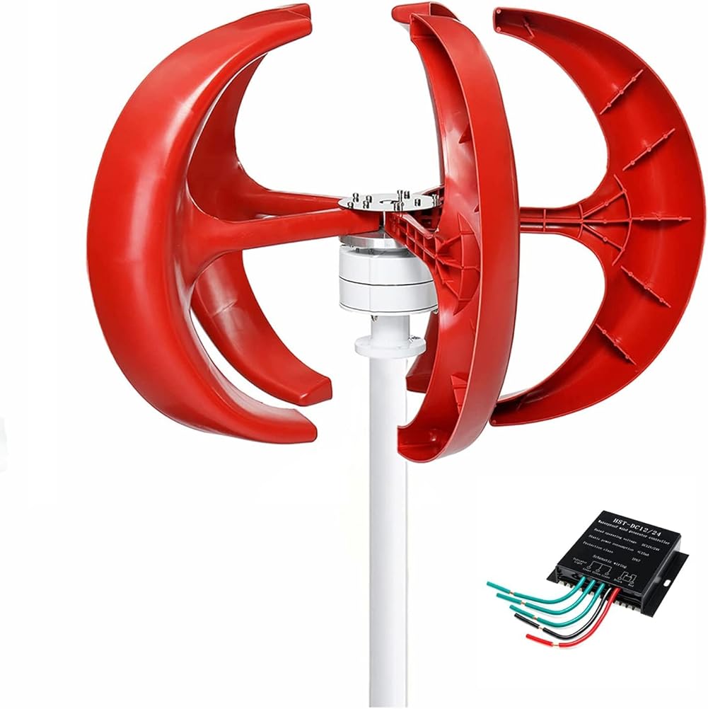 8000W Permanent Magnet Wind Turbine Generator, 5 Blades Homes Windmill Lanterns Vertical Wind Turbine Generator with Controller for Wind Solar System (Red)