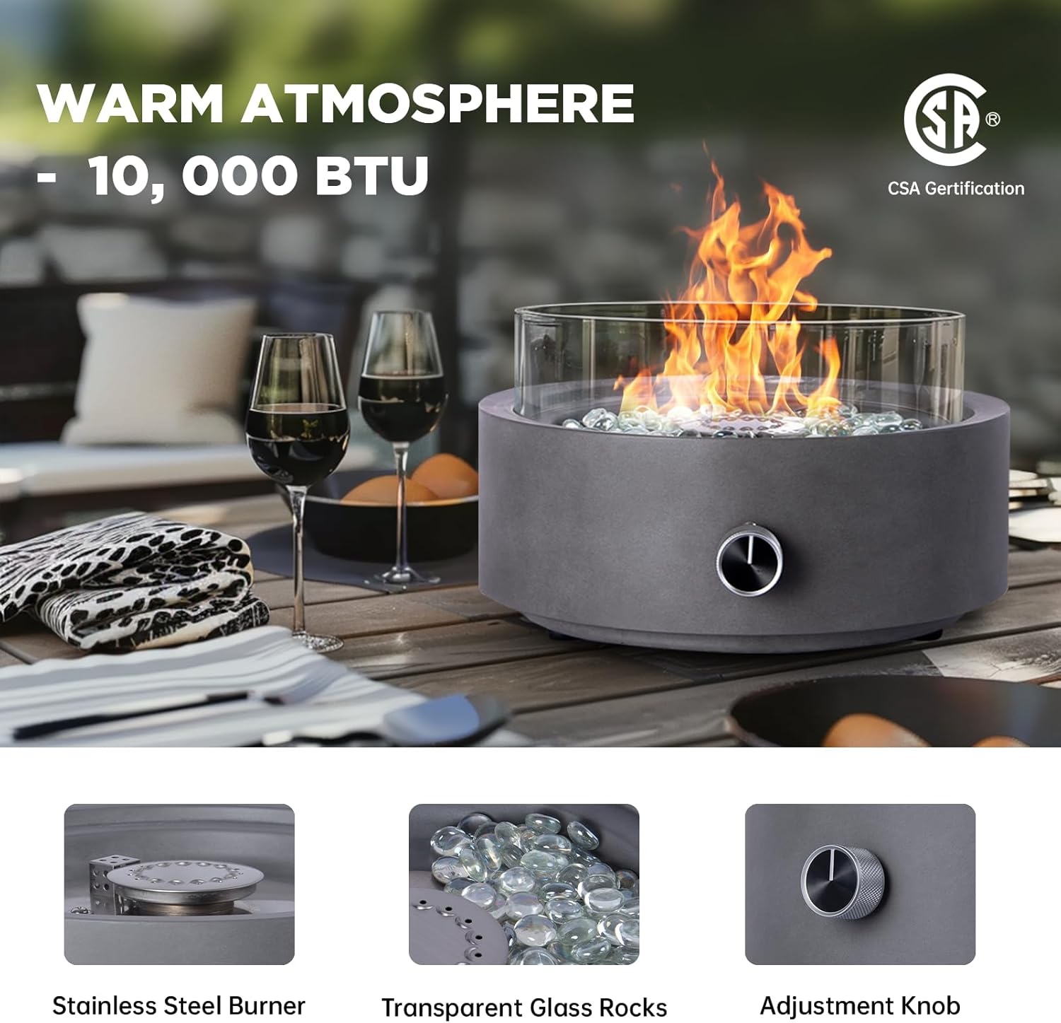 Propane Table Top Fire Pit for Outside Patio,14-inch Tabletop Fireplace Bottom-Mounted for Table with Umbrella Hole- Grey