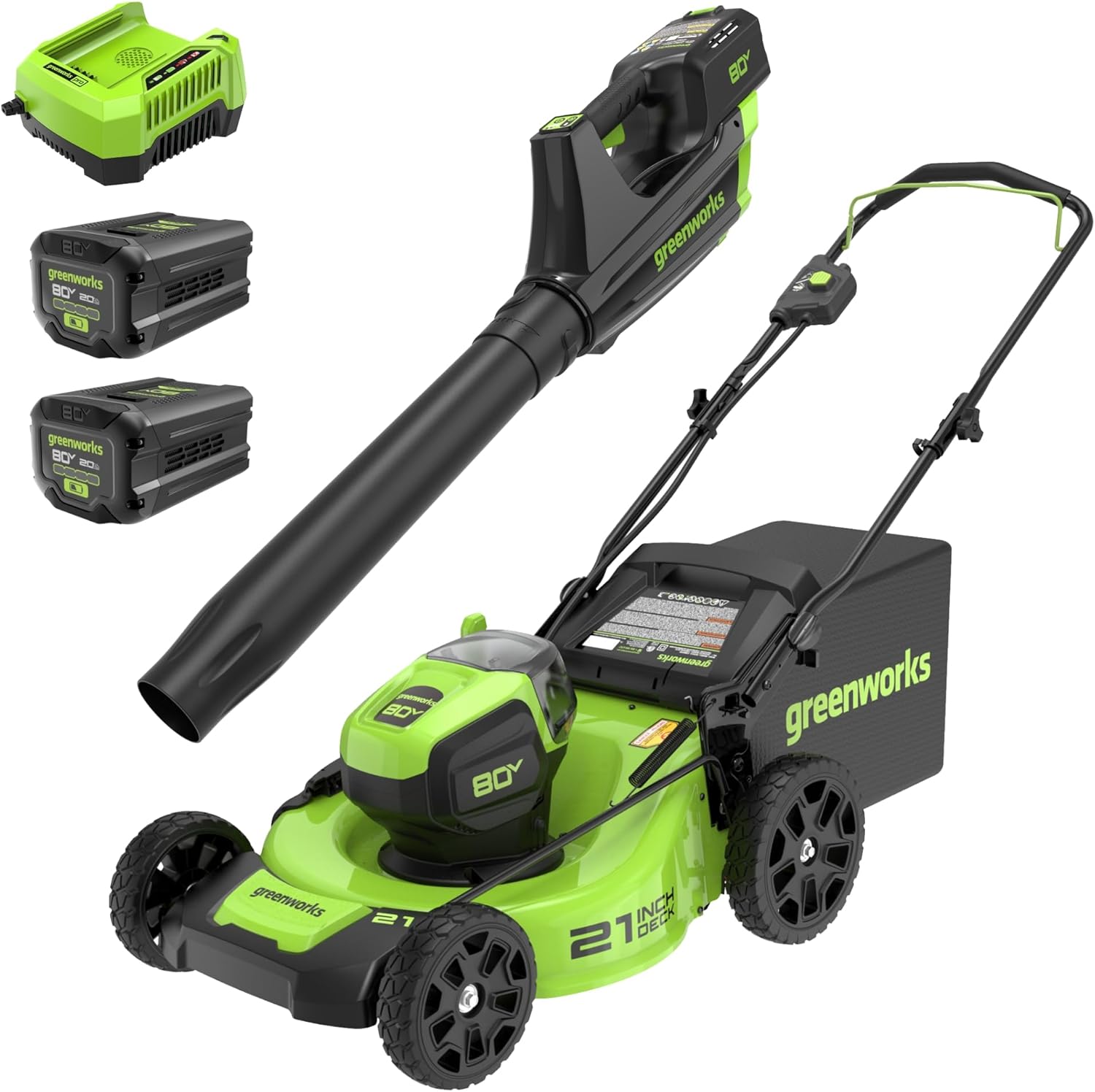 Greenworks 80V 21” Brushless (Push) Cordless Electric Lawn Mower + (500 CFM) Axial Leaf Blower (75+ Compatible Tools), (2) 2.0Ah Batteries and 30 Minute Rapid Charger