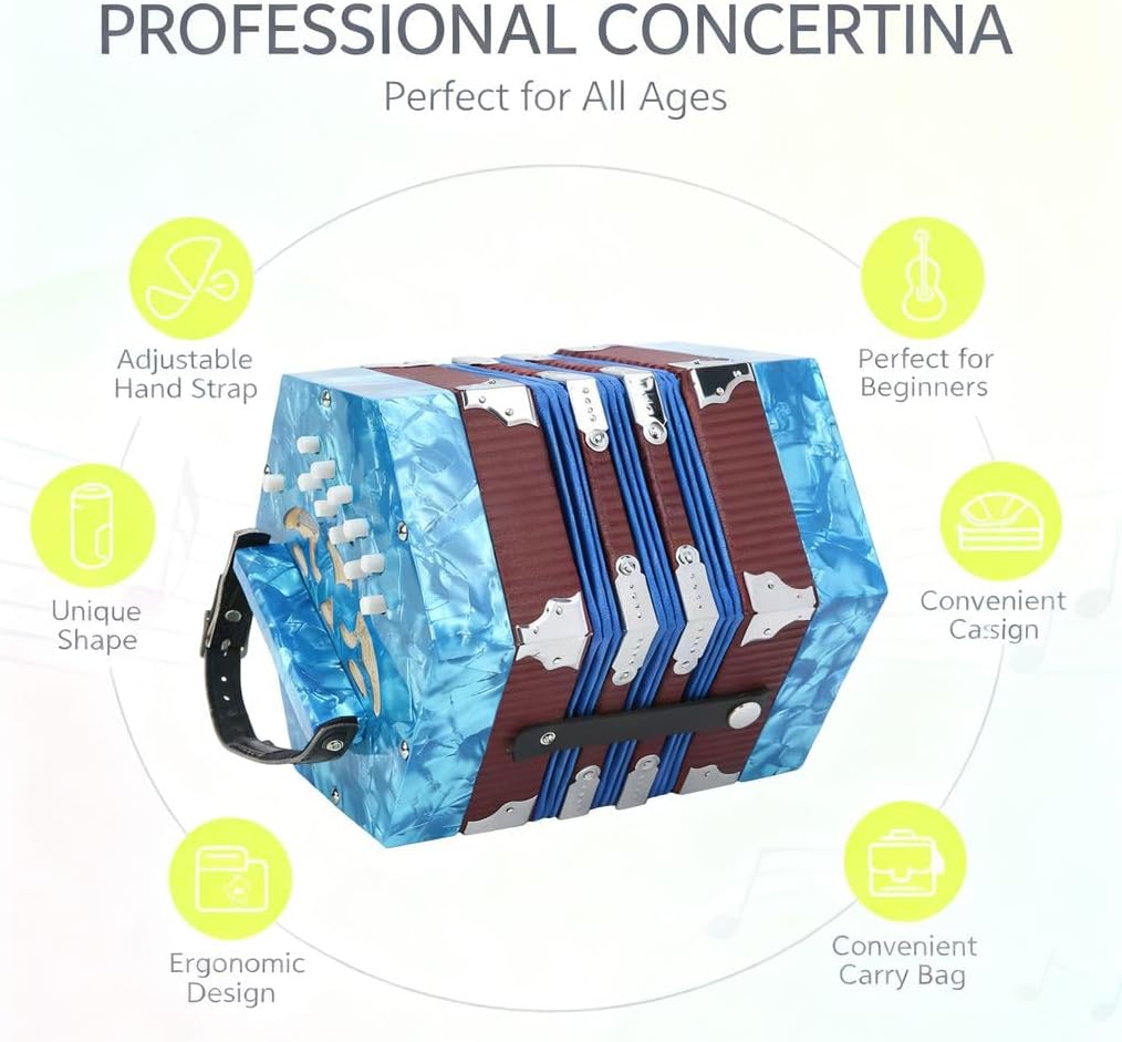 Portable Concertina Accordion, 3 - Row Diatonic, Red - Adjustable Strap, Ergonomic Design, Ideal for Beginners and Adults (Blue)