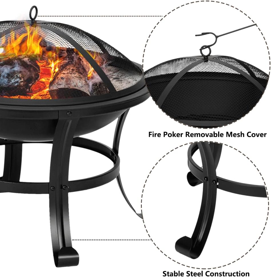 22 Inch Fire Pit, Wood Burning Fire Pits for Outdoor with Mesh Lid and Fire Picker, Durable Small Outside Fireplace for Bonfire, Backyard, Porch, Camping, Deck, Black