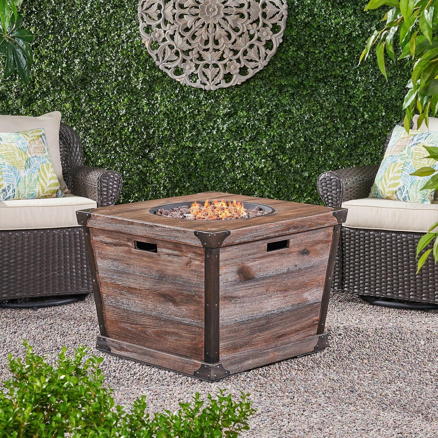 Outdoor Patio 24x32 Inches Square Gas Fire Pit-Concrete Wood Pattern, 40,000 Btu, Includes Hidden Tank-Brown, Backyard & Gatherings (1 Doors)