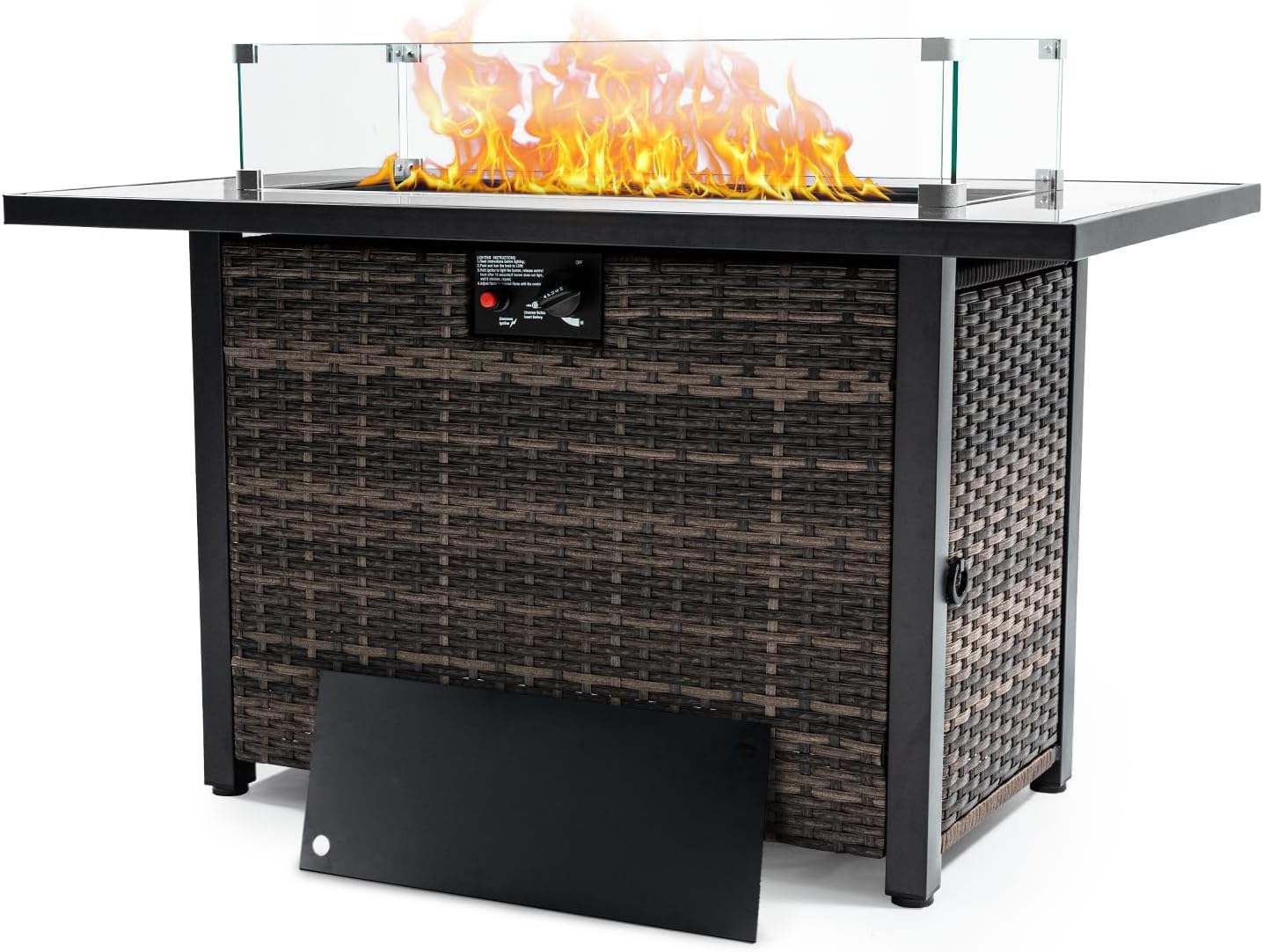 Outdoor Fire Pit 50,000 BTU Propane Gas Fire Table with Lid Fireplace with Glass Wind Guard Wicker Base for Garden, Patio, Backyard, 44