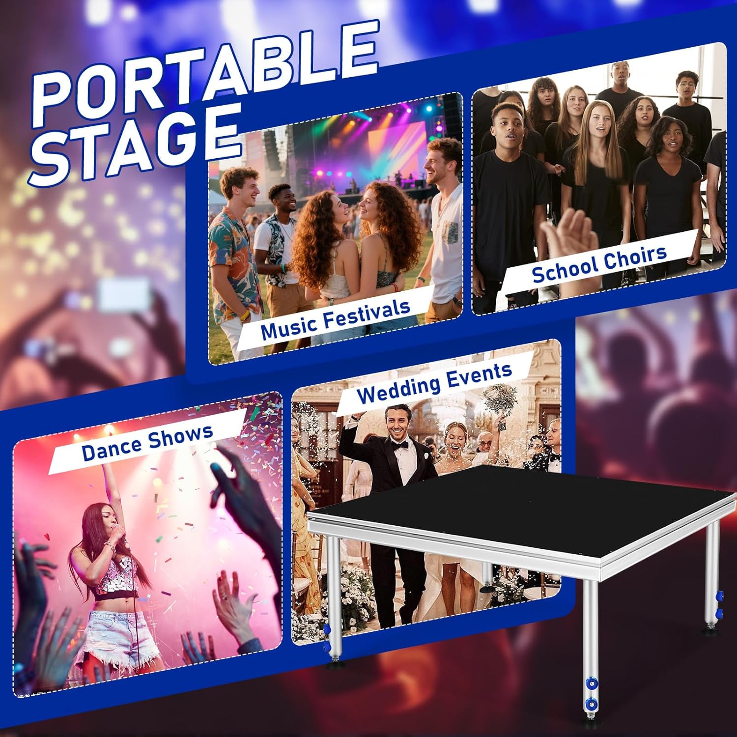 8‘ x 12’ Stage Platform, 6Pcs 10200LBS Capacity Stage with Antislip Surface, Adjustable Height (24