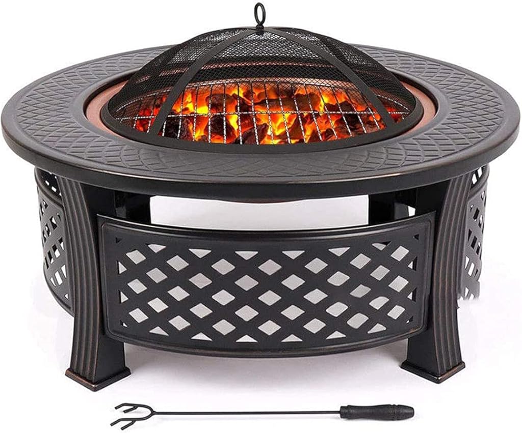 Outdoor fire Pit Bowl with Spark Screen, Firepits and Firebowls with Lid BBQ Grill Tripod Guard and Cover Round Large Patio Heater, Fire Pits Bowls for Garden Table Wood Burning Cast Iron