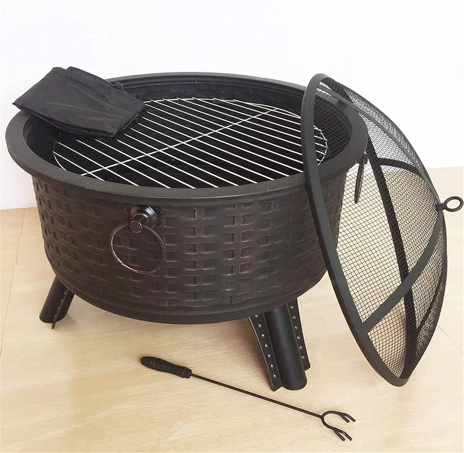 Garden Fire Pit Grill Bowl Grill Barbecue Rack Fire Pits for Outdoor Fire Pits Fire Bowl with Grill & Cover & Poker Camping BBQ Brazier Wood Charcoal Patio Heater for Log Burning Fireplace