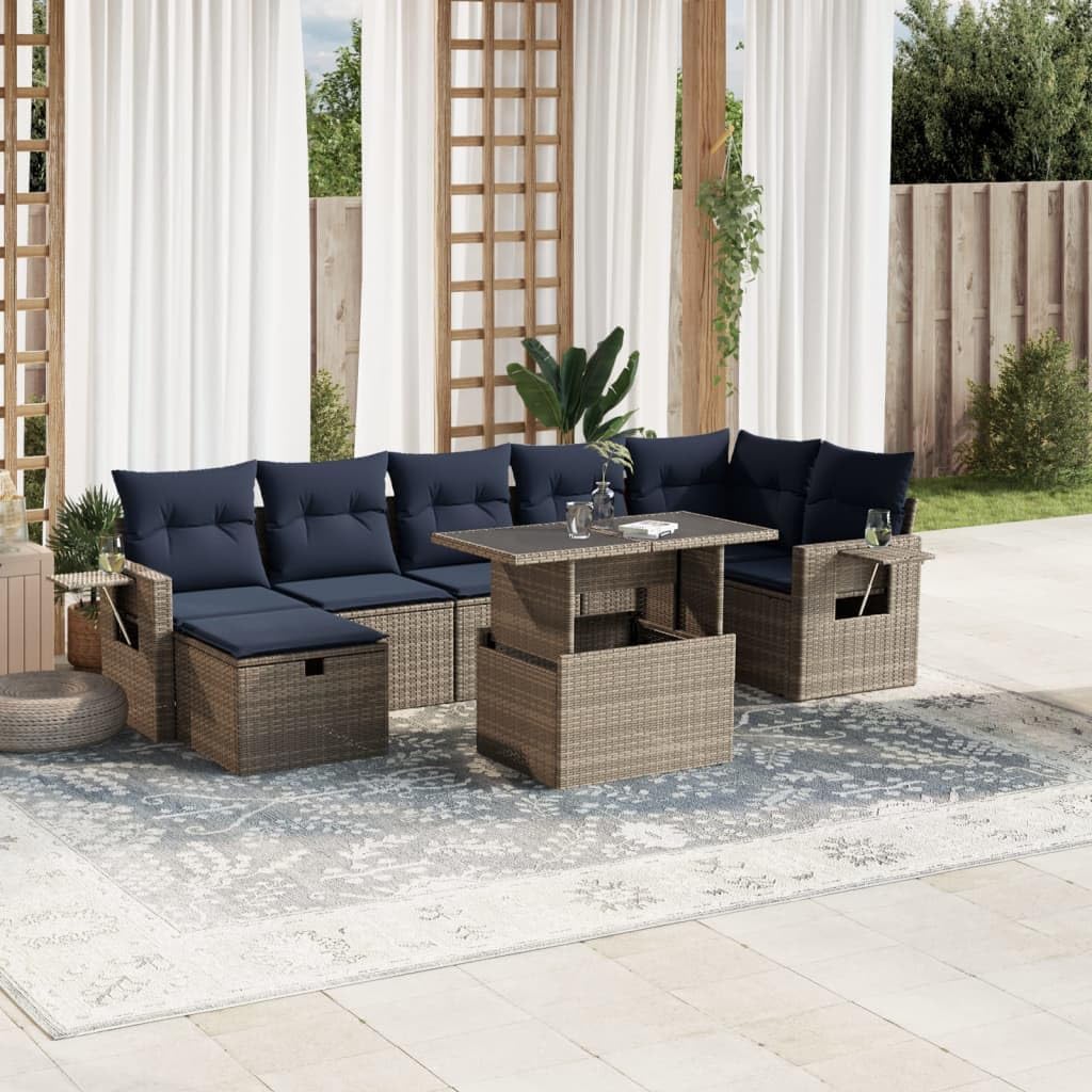 8 Piece Garden Sofa Set, Grey Poly Rattan Outdoor Furniture with Adjustable Table, Cushions, Modular Design for Patio, Backyard