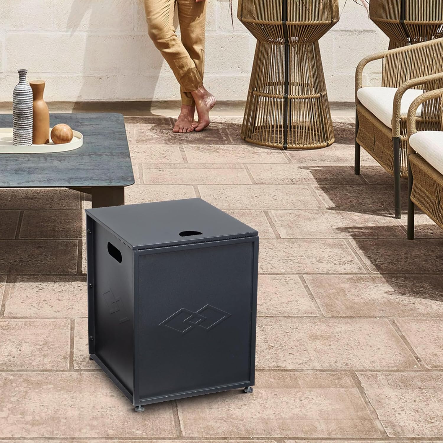 16‘’ Wide Outdoor Propane Tank Cover - 20 Lbs Tank Side Table with Storage, Dual Function for Gas Fire Pit, Grill, Griddle & Stoves Portable Design with Handles