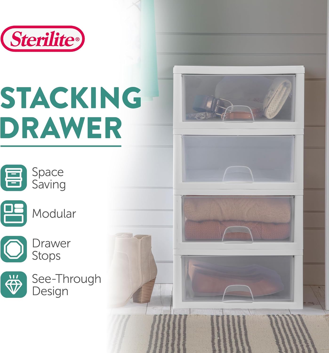Sterilite 6-Pack 16 Quart Stacking Drawer, Clear Storage Closet Organizer, White Frame - Stackable Modular Plastic Drawers for Clothes, Accessories, Craft Supplies, Shoes or Linens