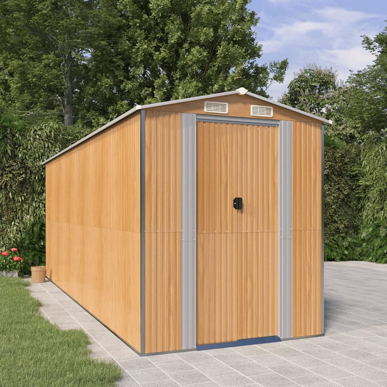 Garden Shed Garden Tool Storage Shed with Vent, Outdoor Galvanized Steel Storage House Storage Organizer with Door for Backyard, Garden, Patio, Lawn - Light Brown 75.6