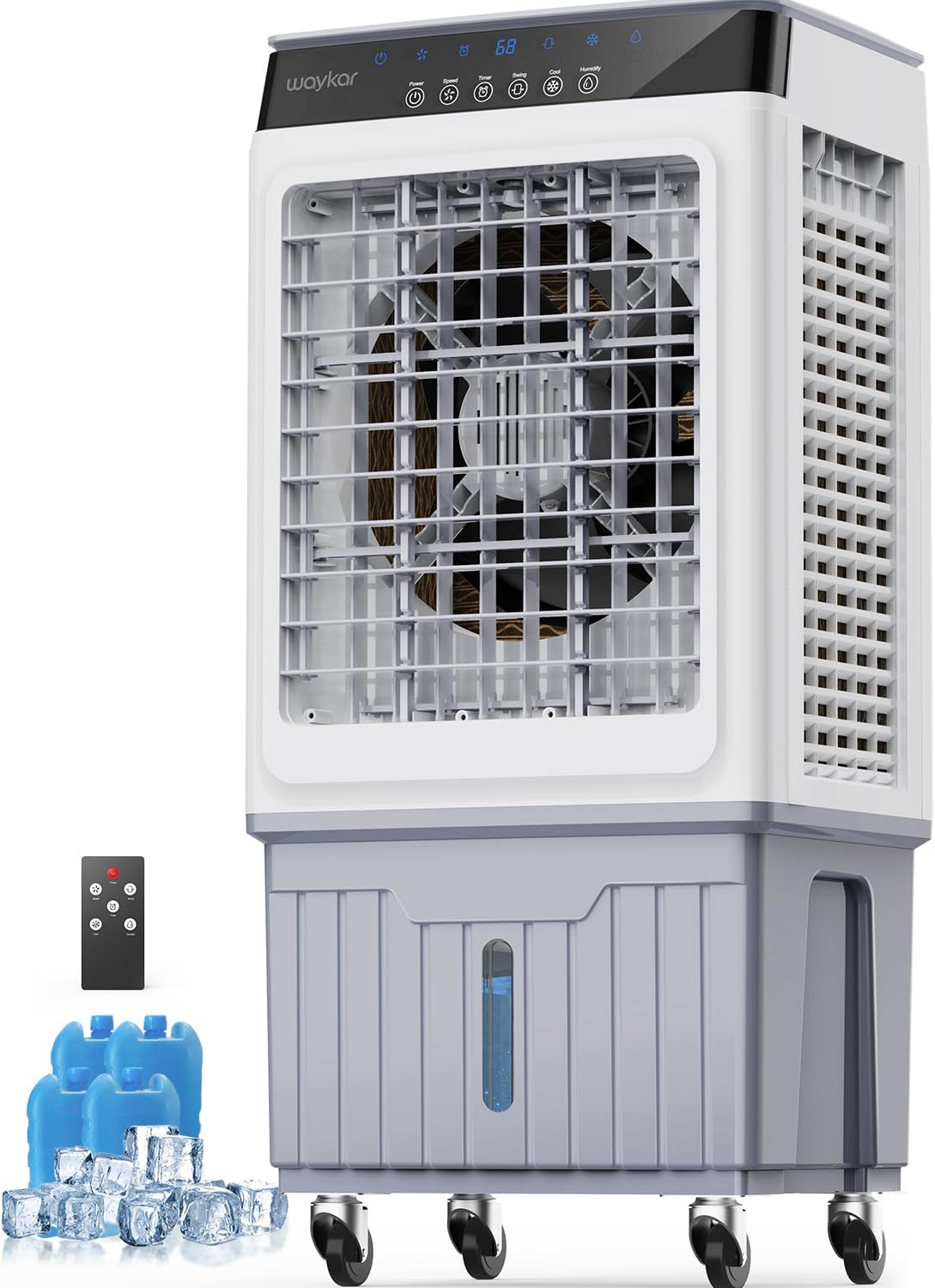 Waykar Swamp Cooler, 4800 CFM Evaporative Air Cooler with 6 Gals Water Tank, 1200 Sq.Ft. Portable Air Conditioner with 4 Ice Pack, 120°/60°Oscillation, 3 Models for Garage, Yard, Commercial Use