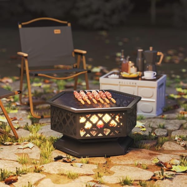 Outdoor Fire Pit 2-in-1 BBQ Grill Fire Pit with Spark Screen Lid, Fire Poker, Grill Grate, Hexagon Steel Wood Burning for Patio, Backyard, Camping