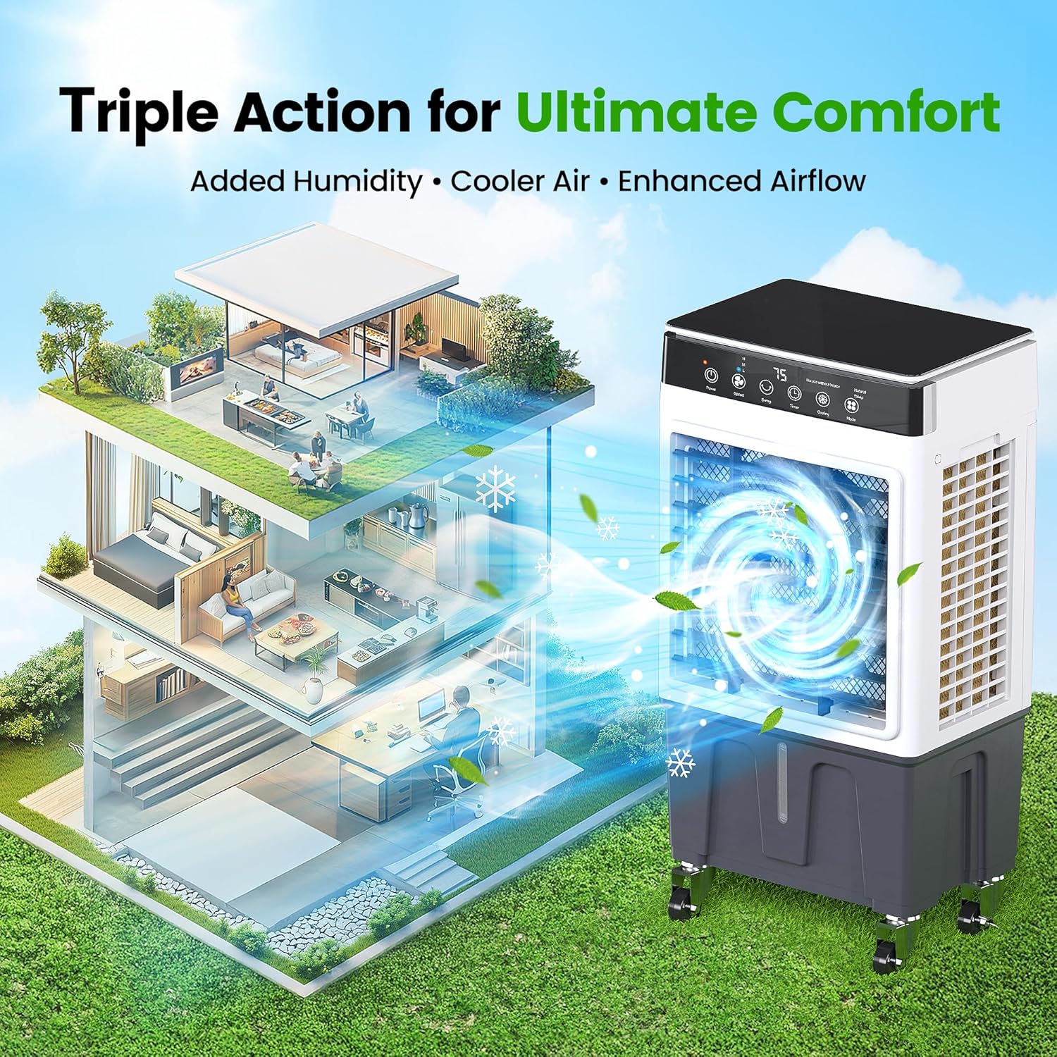 Swamp Cooler Air Conditioner with Dry Burn Protection, 4000 CFM Evaporative Air Cooler with 8-Gal Water Tank, 4 Modes, 3 Speeds, Remote, 12H Timer, Portable Windowless AC for Bedroom Home Office