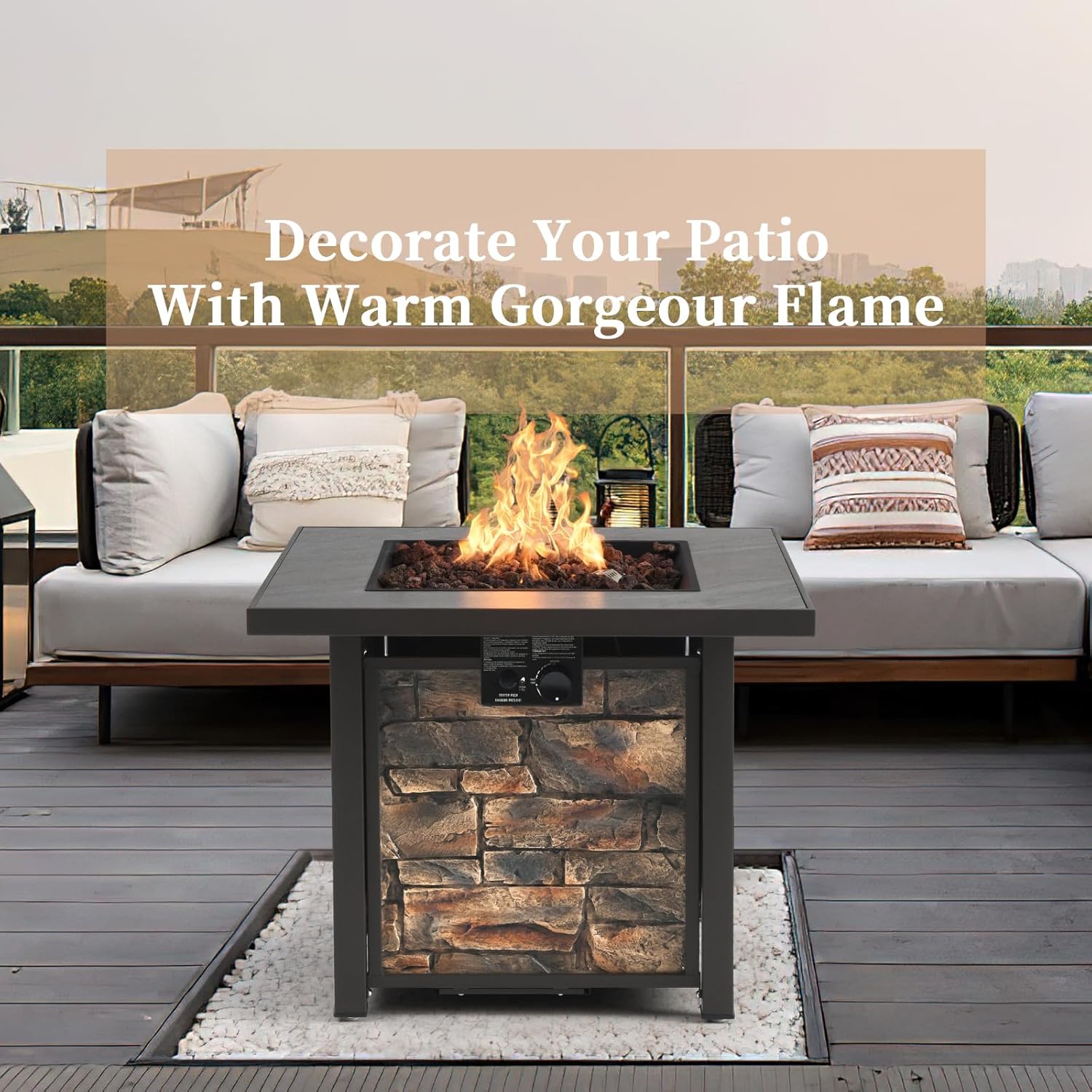 32'' Propane Fire Table for Outdoor, Sintered Stone Tabletop & Polyresin Natural Stone Base, 50000 BTU Gas Fire Pit Table for Outside Patio and Garden, with Lava Rock