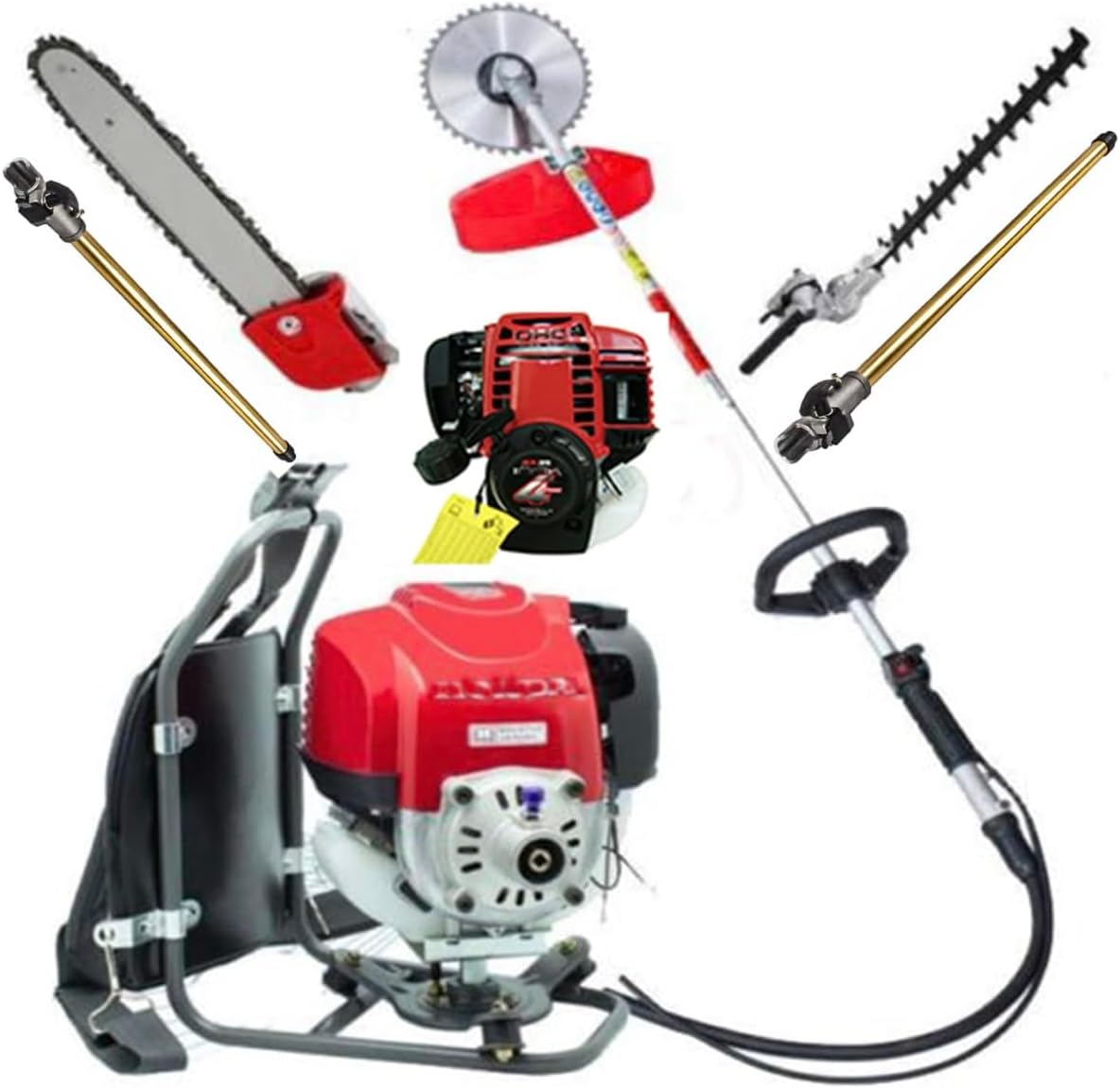 Gx35 Backpack Brush Cutter 4 Stroke 3 in 1 Grass Hedge Trimmer Lawn Mower Chainsaw Extra 2 Extension Poles Long Reach