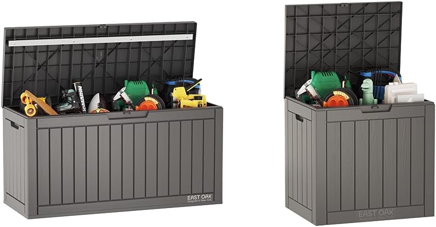 EAST OAK 60 Gallon and 31 Gallon Deck Boxes, Outdoor Storage Boxes with Padlock for Patio Furniture, Cushions, Gardening Tools, Pool Supplies | Waterproof and UV Resistant | Grey