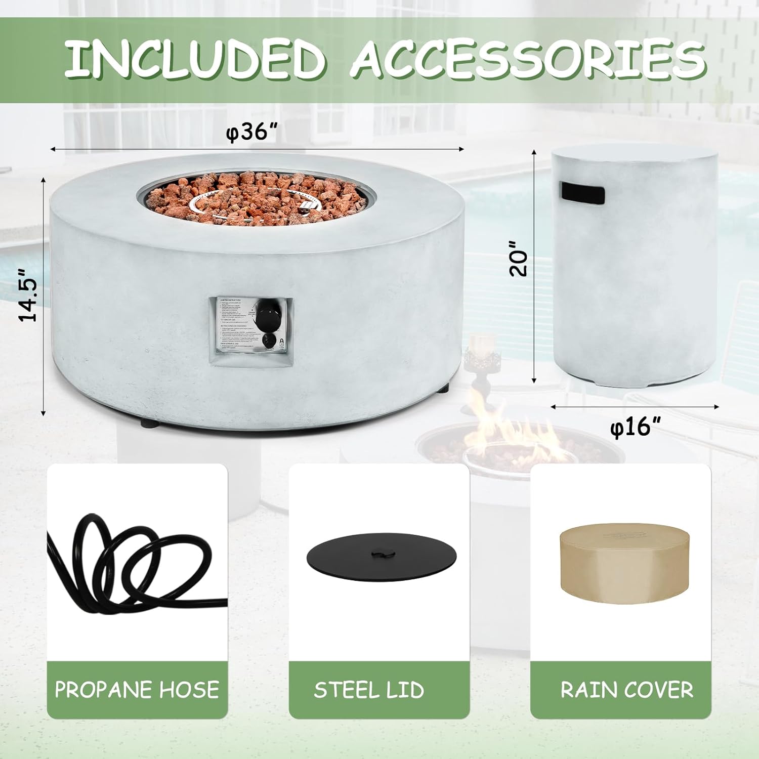 36 Inch Round Fire Pit Table,Propane Fire Pit Table Outdoor Firepit 2-Piece 50,000 BTU Gas Concrete Fire Pit Tank Cover w Lid,Lava Rocks, Rain Cover for Backyard & Deck